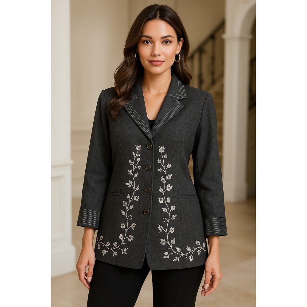 Pamela McCoy Collections Womens 1X Charcoal‎ Grey Embroidered Blazer Jacket Chic